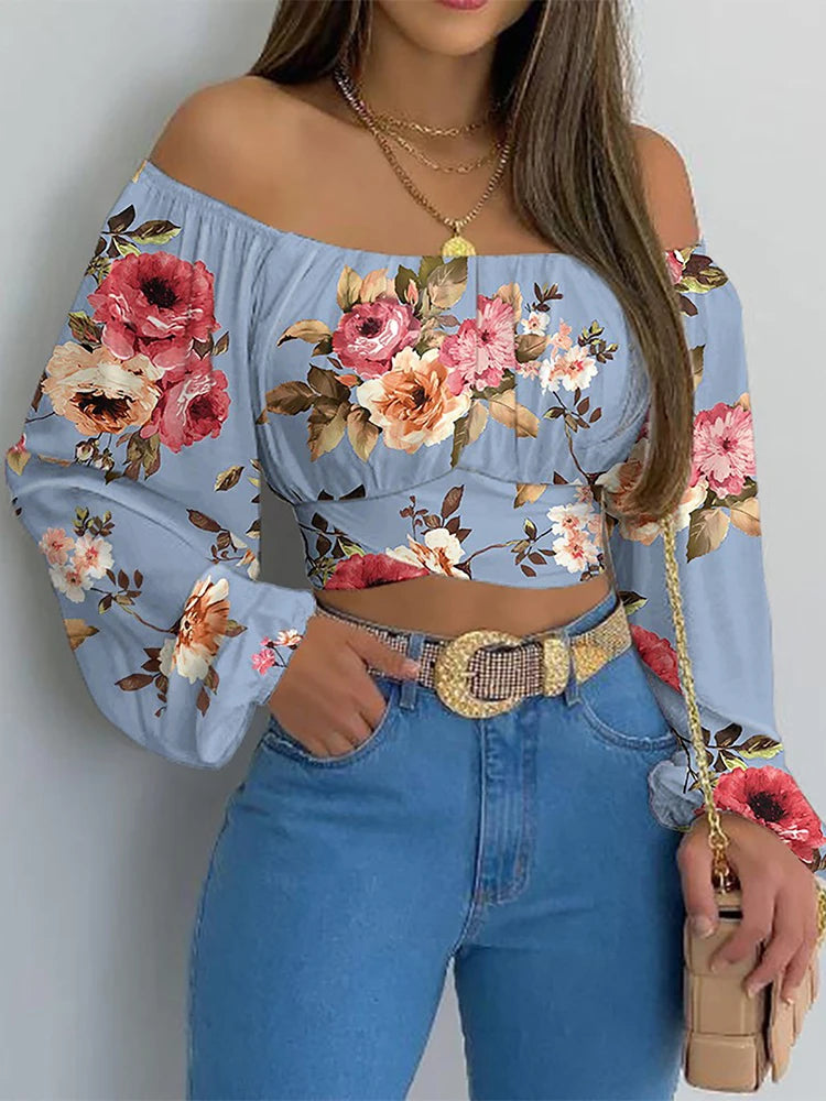 Blusa sexy con hombros descubiertos para mujer, elegante y chic, con estampado de farol, manga larga, con lazo y cordones, tops cortos