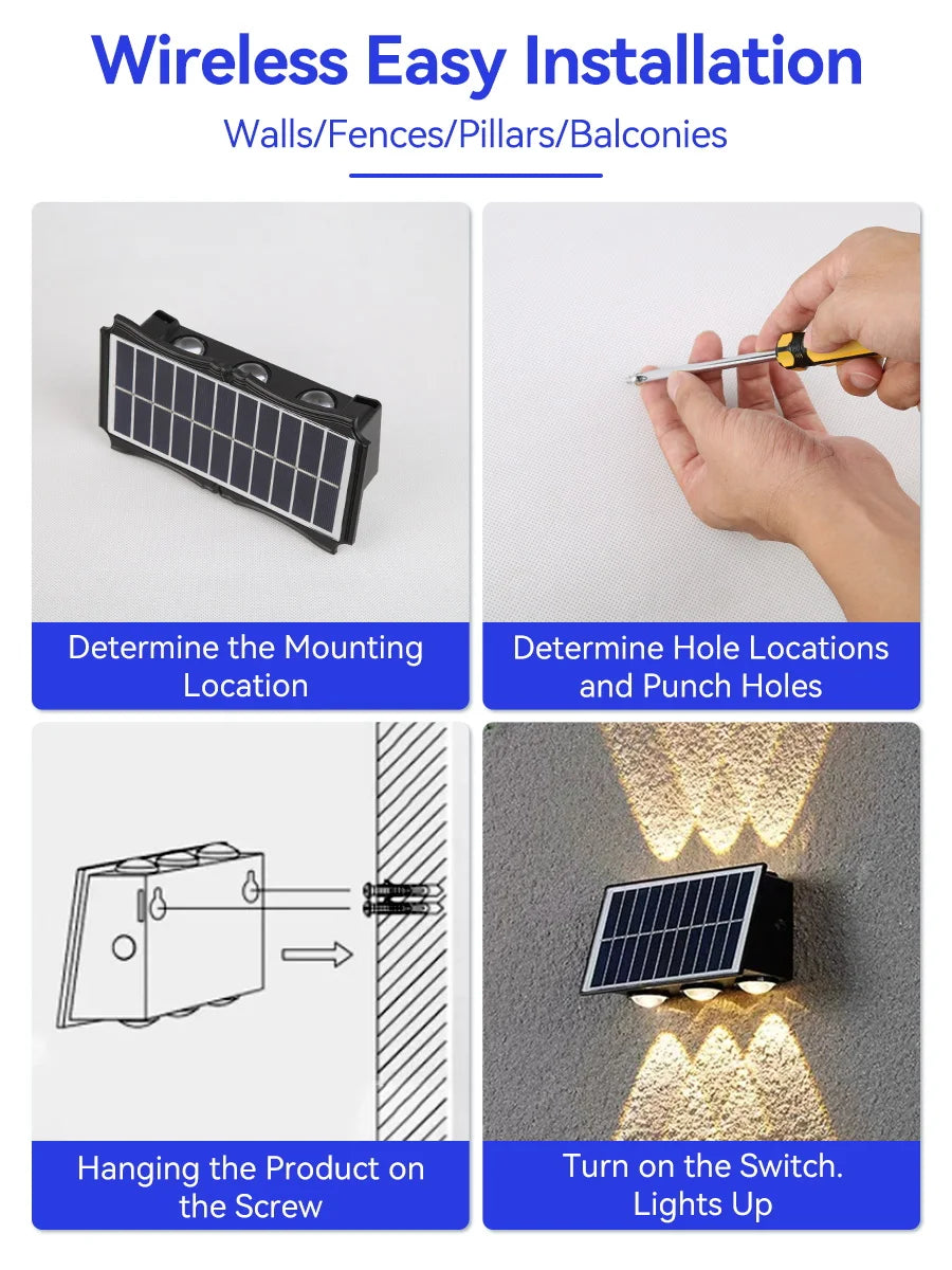 Lámpara de pared solar para exteriores, luz cálida, impermeable, iluminación vertical y vertical, iluminación decorativa para balcón, patio, jardín, pared exterior