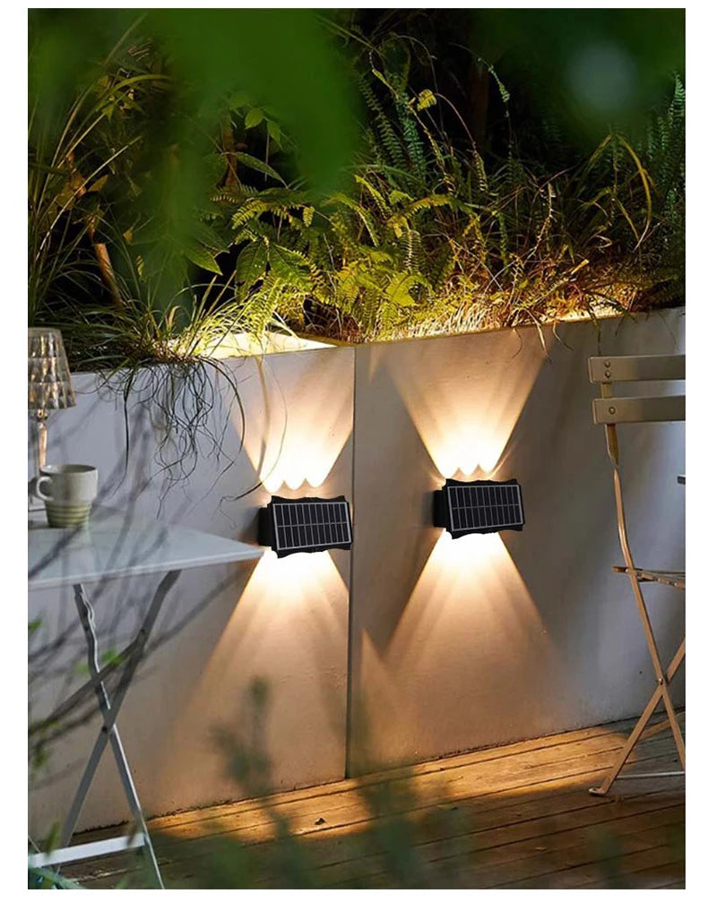 Lámpara de pared solar para exteriores, luz cálida, impermeable, iluminación vertical y vertical, iluminación decorativa para balcón, patio, jardín, pared exterior