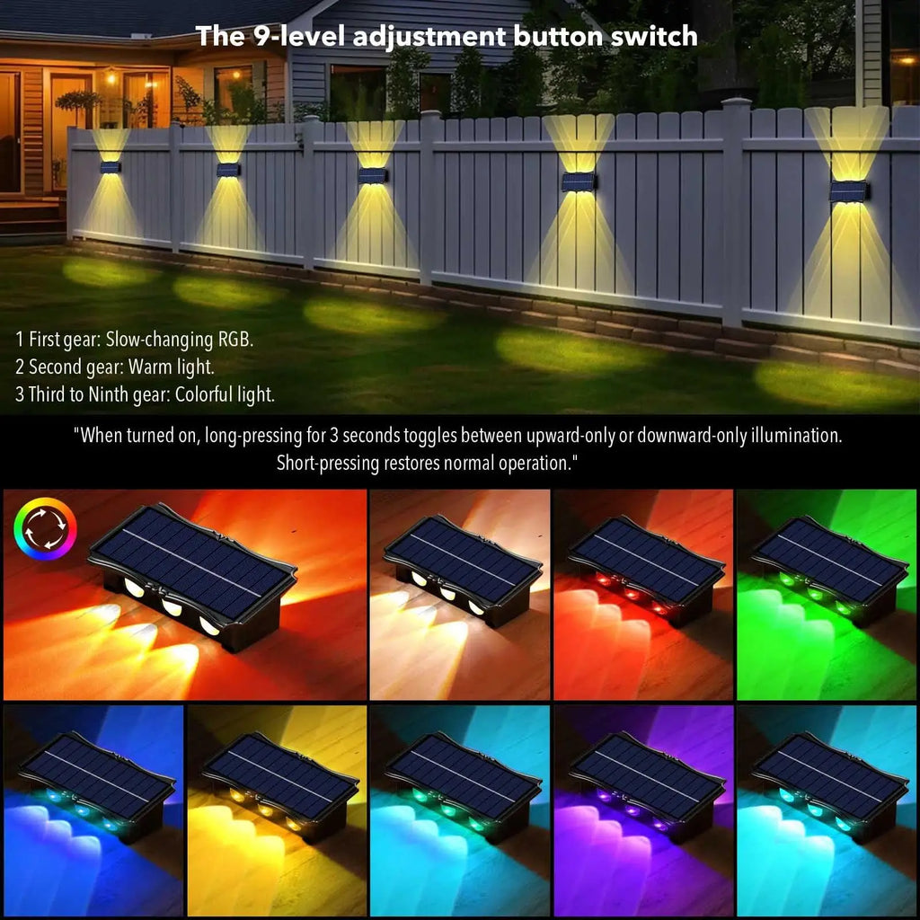 Lámpara de pared solar para exteriores, luz cálida, impermeable, iluminación vertical y vertical, iluminación decorativa para balcón, patio, jardín, pared exterior
