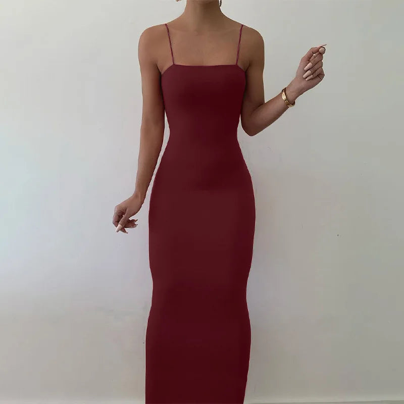 Vestido negro sexy de verano para mujer, sin mangas, espalda descubierta, liso, con tirantes finos, ajustado, informal, elegante, para fiesta y club.