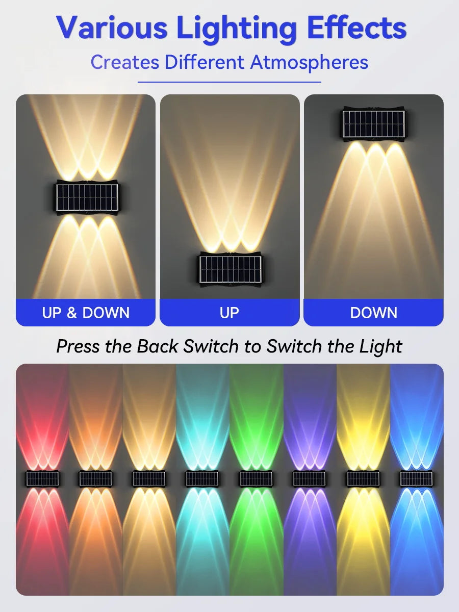 Lámpara de pared solar para exteriores, luz cálida, impermeable, iluminación vertical y vertical, iluminación decorativa para balcón, patio, jardín, pared exterior